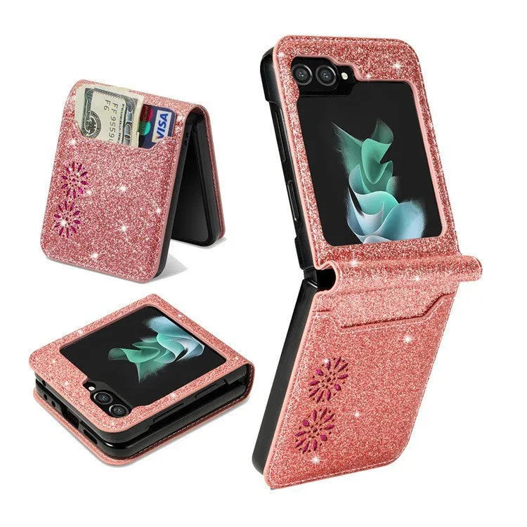 Samsung Z Flip folding phone case with patchwork retro pattern and card slot in black colour.