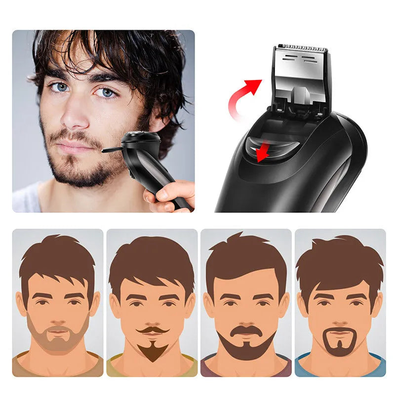 Men's electric shaver with three rotating heads, pop-up sideburn trimmer, USB cable, cleaning brush and velvet bag.