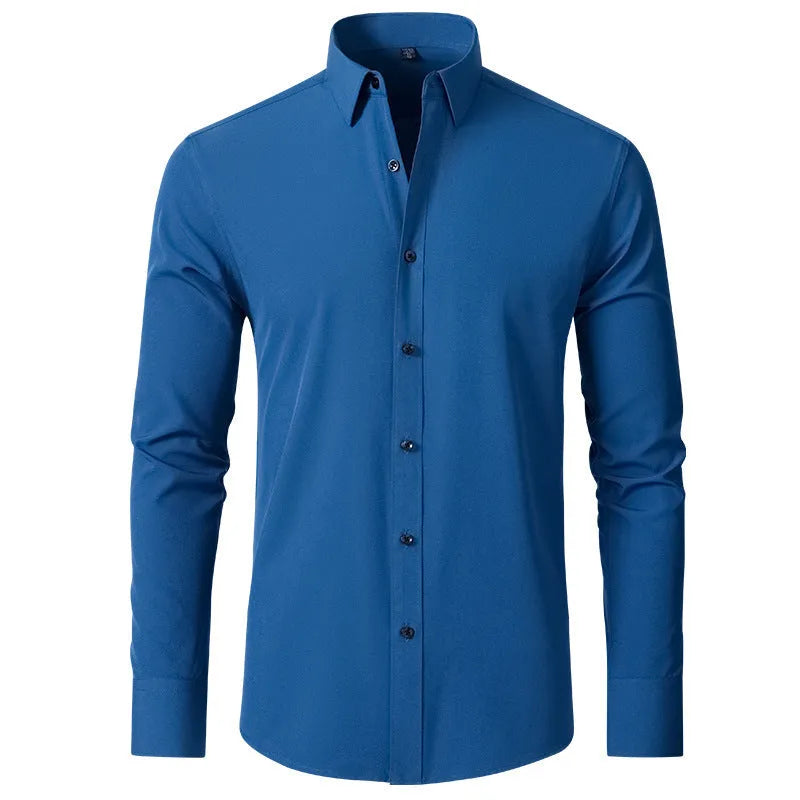Korean slim-fit solid colour men's shirt, long sleeve, non-iron polyester blend, available in multiple colours