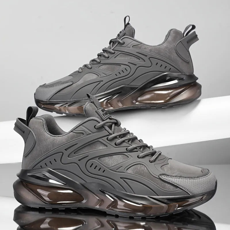 Men's black and grey canvas sports sneakers with shock absorbing soles in multiple sizes