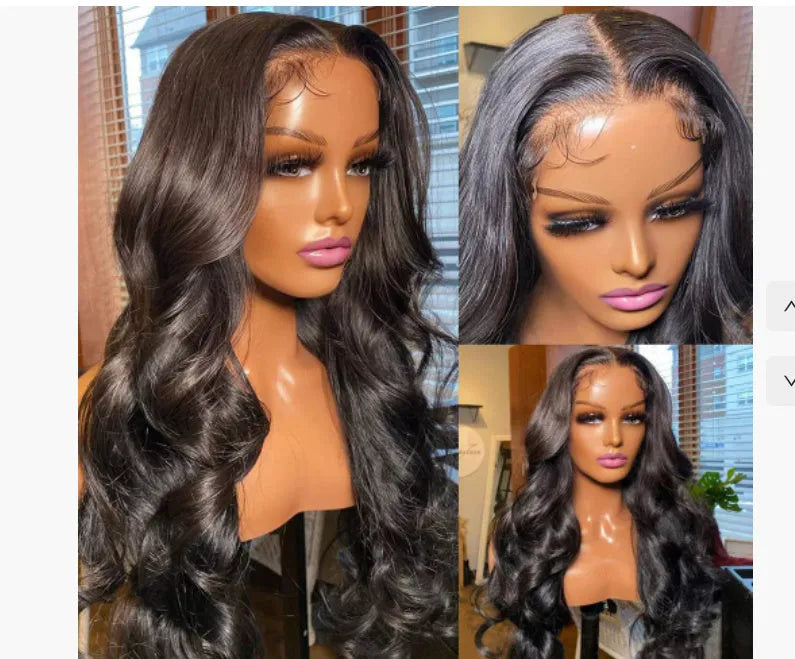Black long curly synthetic wig with large waves, shown on a mannequin head