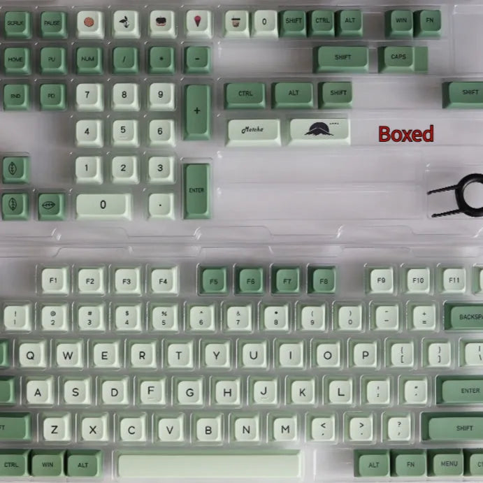 124-key matcha green PBT keycap set showing multiple international language layouts including Arabic and Korean.