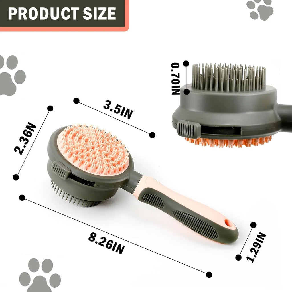 Pink and green double sided cat grooming brush showing slicker brush and flea comb sides with release button.