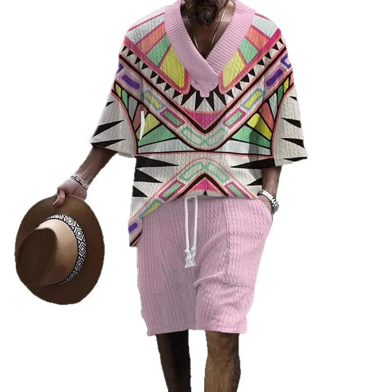 Loose casual short sleeve suit set in a light colour, showing the top and matching shorts laid flat.