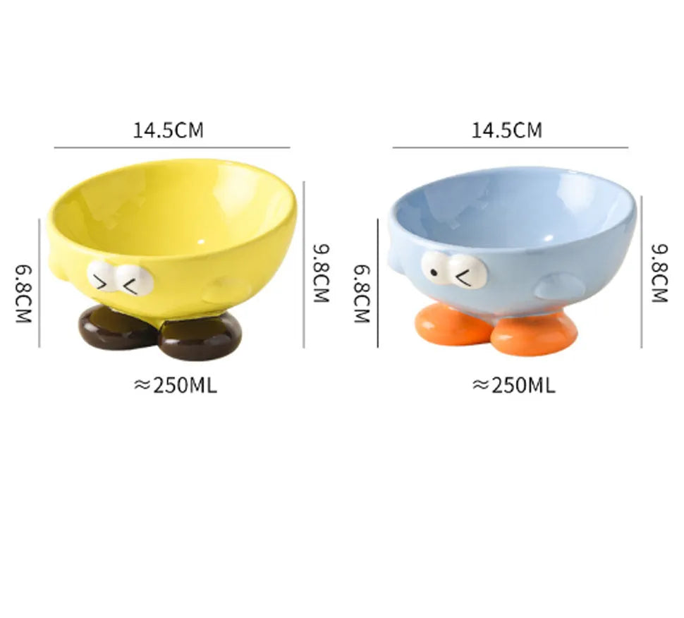 Cute Expression tall slanted ceramic pet food bowl in blue and yellow colours for cats and dogs