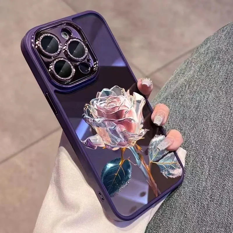 TPU phone case with detailed rose pattern and integrated sparkling camera lens film for iPhone protection