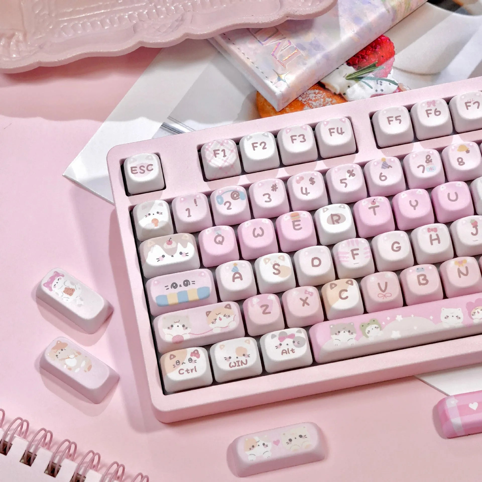Pink MOA height mechanical keyboard key caps with cartoon design on all five sides