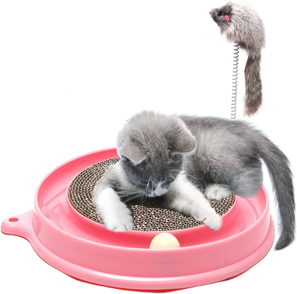 Blue cat scratcher toy with ball track, replaceable scratch pad, and mouse swatter on corrugated cardboard base