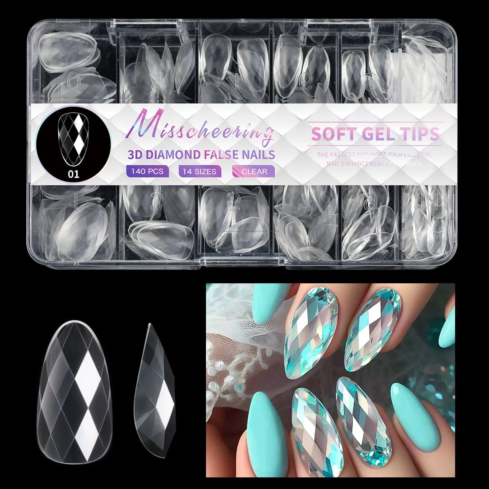 3D diamond pattern long nail tips in glitter colours for nail art enhancement