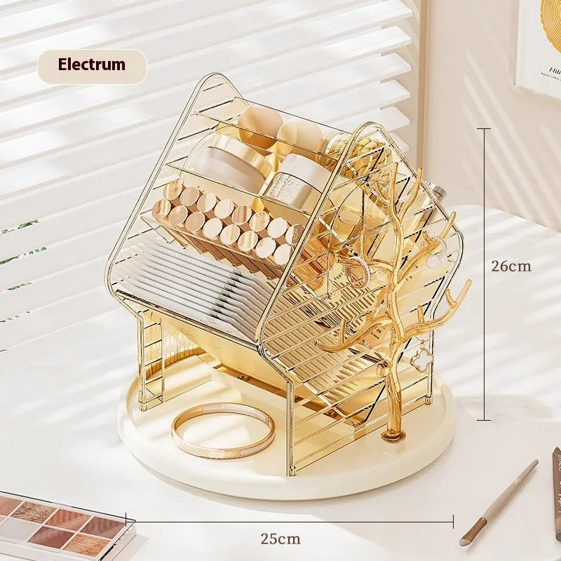 Clear and amber gold rotating plastic cosmetics storage box on a flat surface