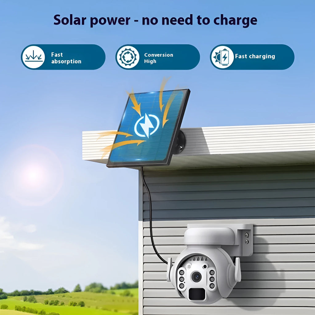 Solar security camera with solar panel and lens for outdoor monitoring
