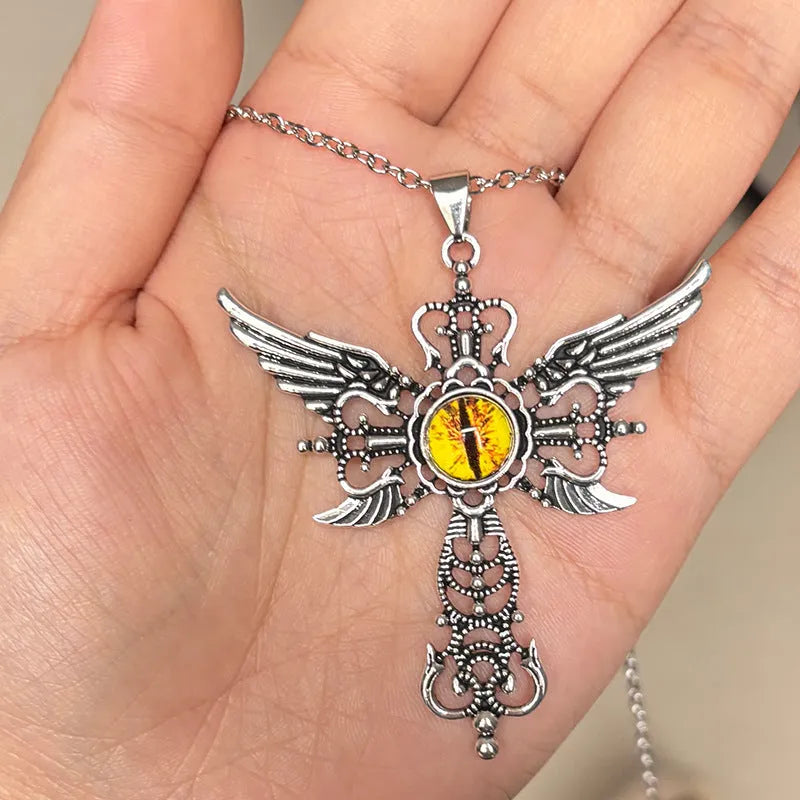 Geometric devil wings and cross alloy pendant necklace on a chain in blue, green, purple, red, yellow.