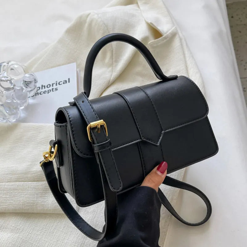 Women's beige PU messenger bag with file organiser, showing horizontal square shape and external pocket