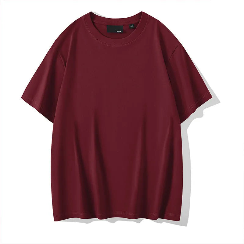 Men's loose fit cotton t-shirt with round neck and drop shoulder sleeves in solid rust red colour