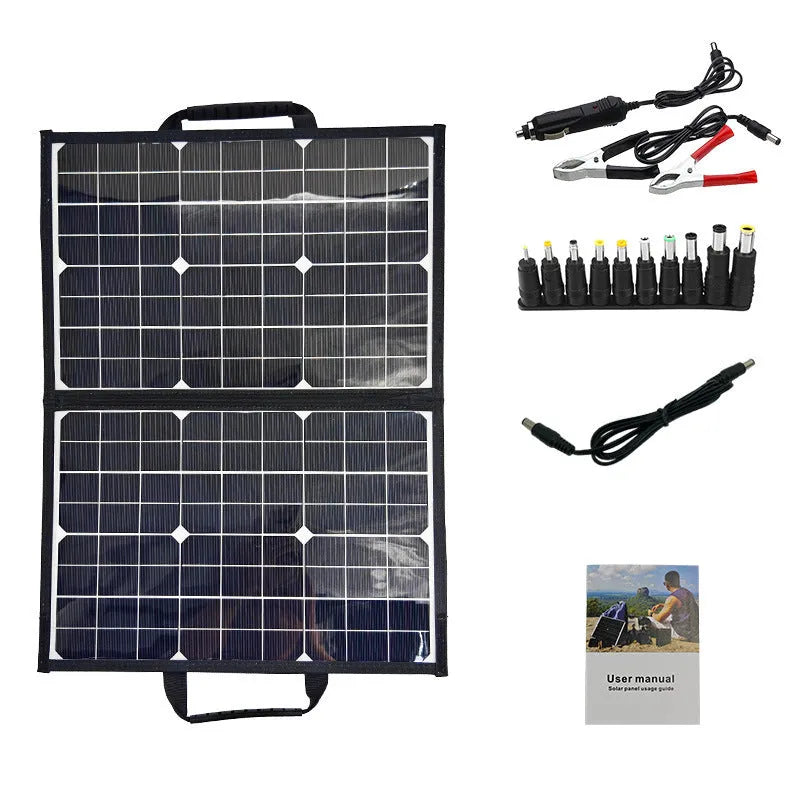 Black folding solar panel bag showing compact 425mm by 285mm size and unfolded solar cells.