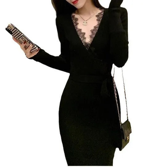 Black women's slim fit woolen skirt with a princess dress cut, made from polyester fabric.