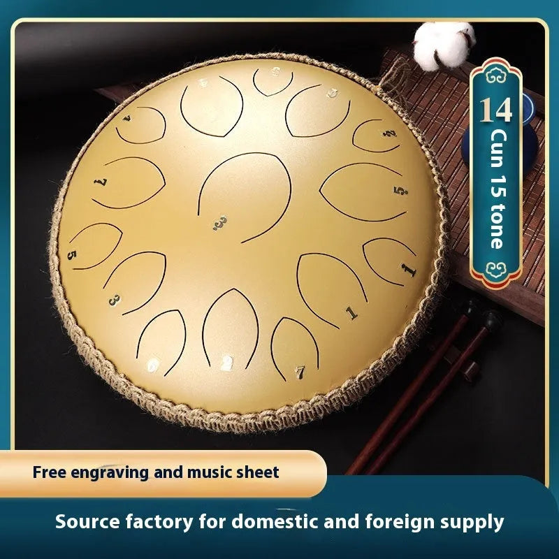 14-inch 15-tone hollow drum percussion instrument in malachite green finish on a wooden surface
