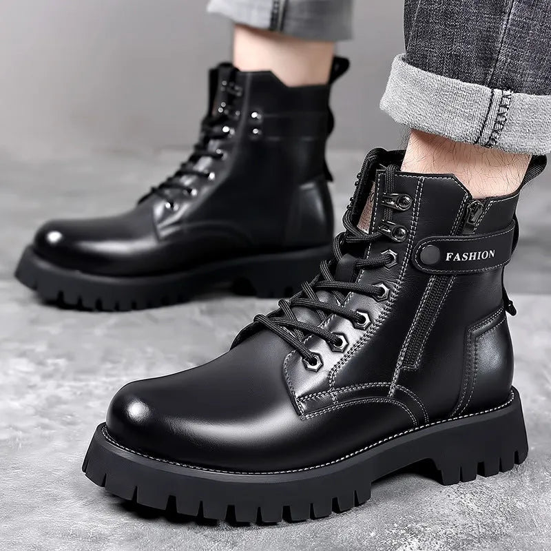 Men's light brown high-top leather boots with a side zip and thick textured rubber sole.