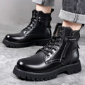 Men's light brown high-top leather boots with a side zip and thick textured rubber sole.