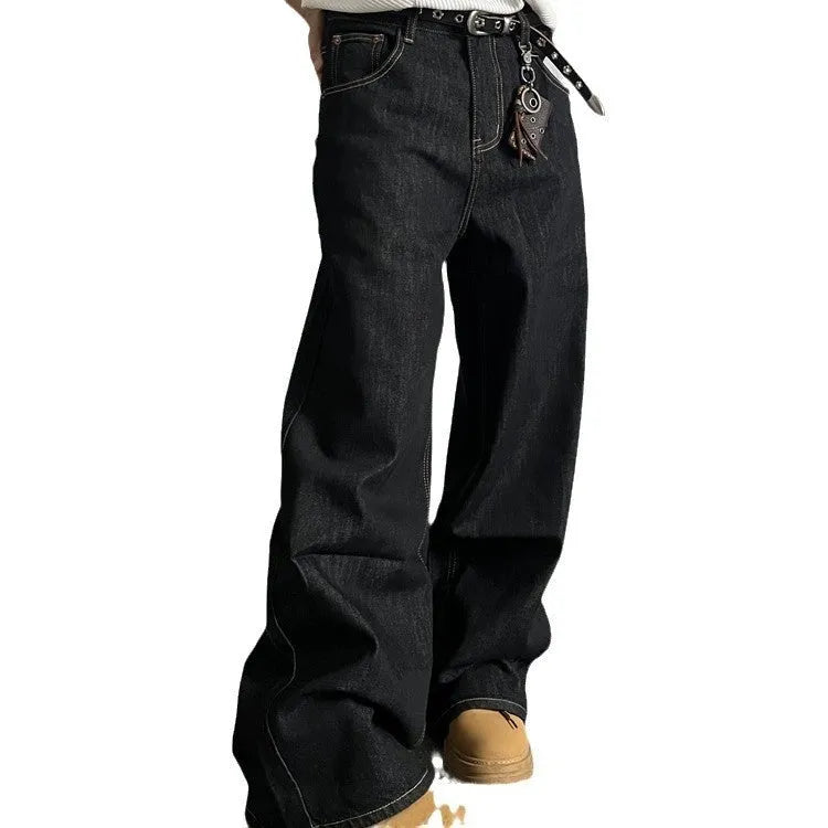 Black retro loose wide-leg jeans with straight-leg cut and zip fly placket