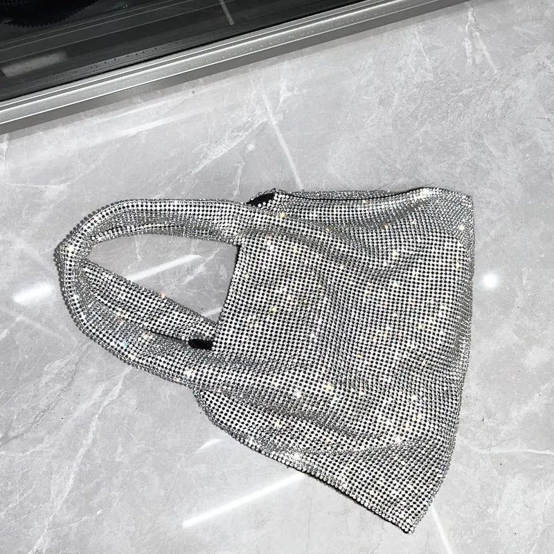 Silver handbag with rhinestone decoration made from cotton thread, open pocket design