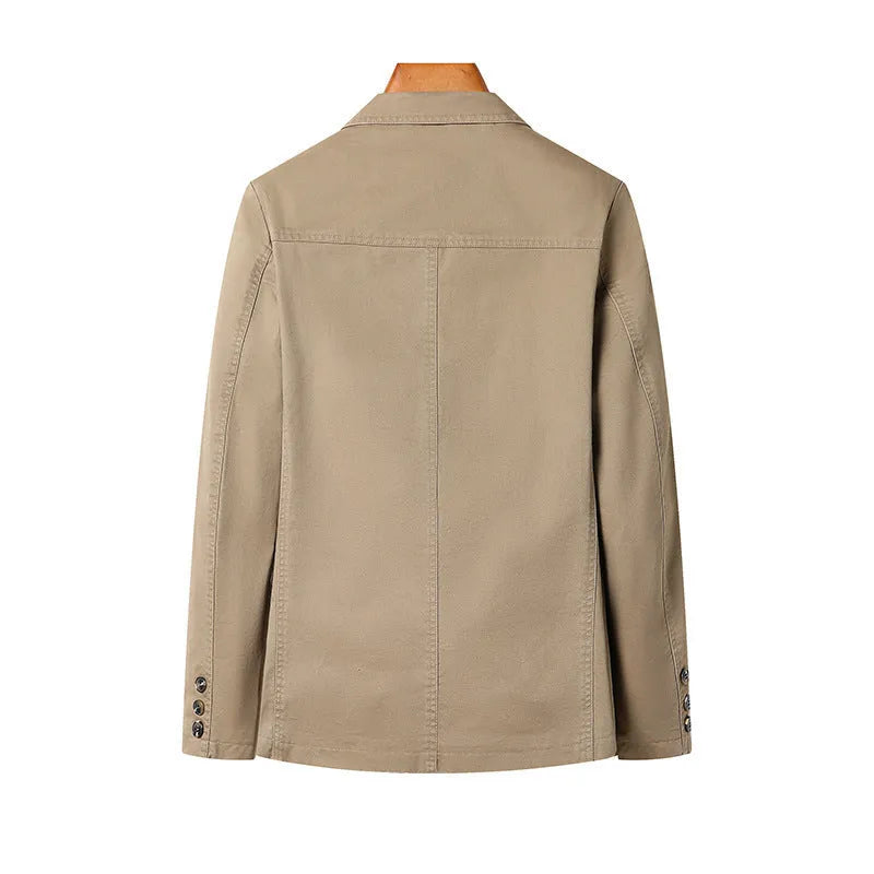 Men's casual loose washed cotton business coat in army green, solid colour straight cut with top stitching pockets