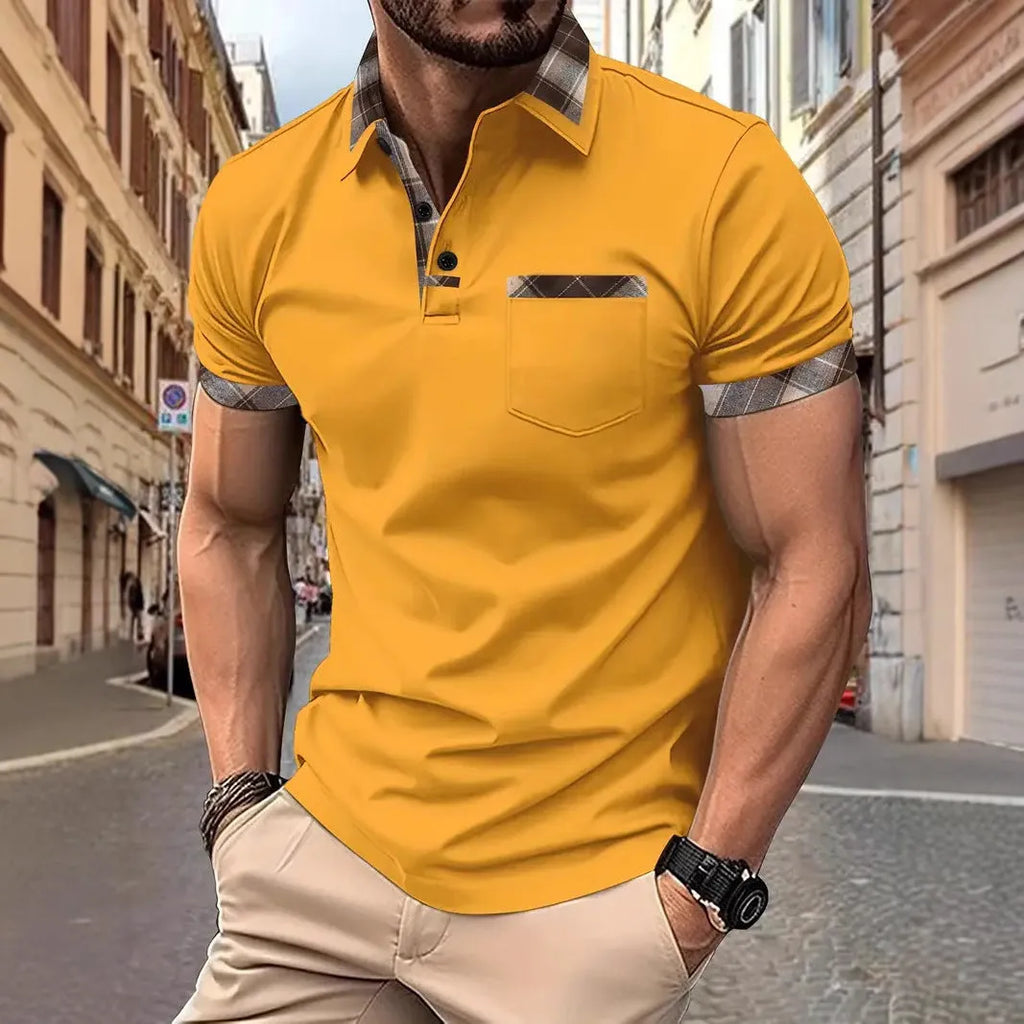 Men's loose fit short sleeve plaid colourblock T-shirt with zipper decoration.