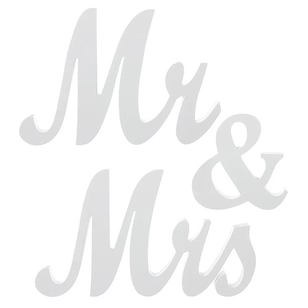 White wooden MR MRS decoration with creative English letters on density plate