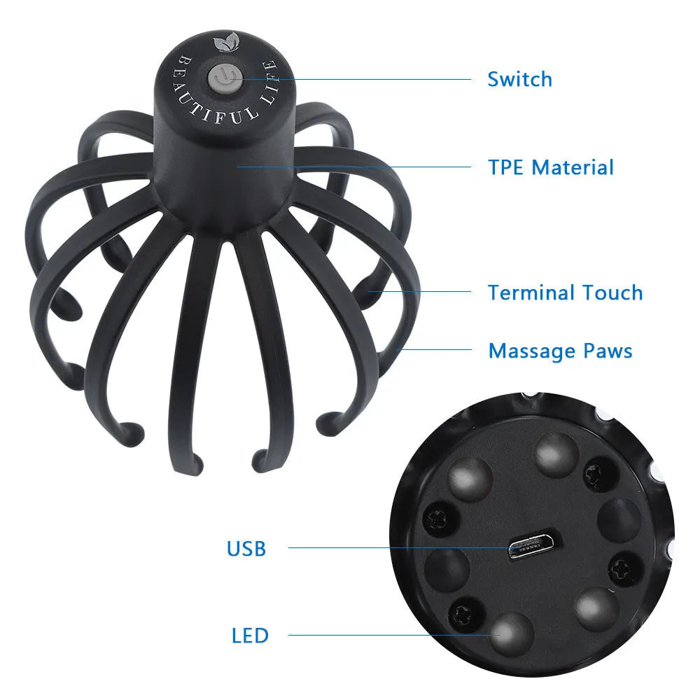 Black electric scalp massager with 12 TPE 3D massage arms on a flat surface