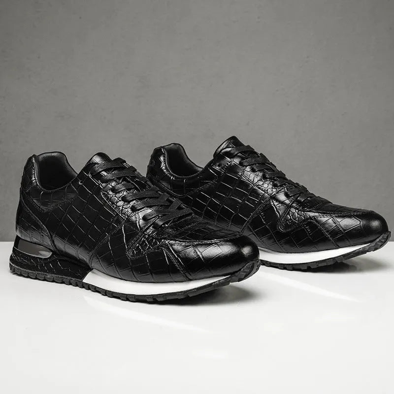Crocodile pattern light luxury mid top elevated leather shoes with wedge heel in black