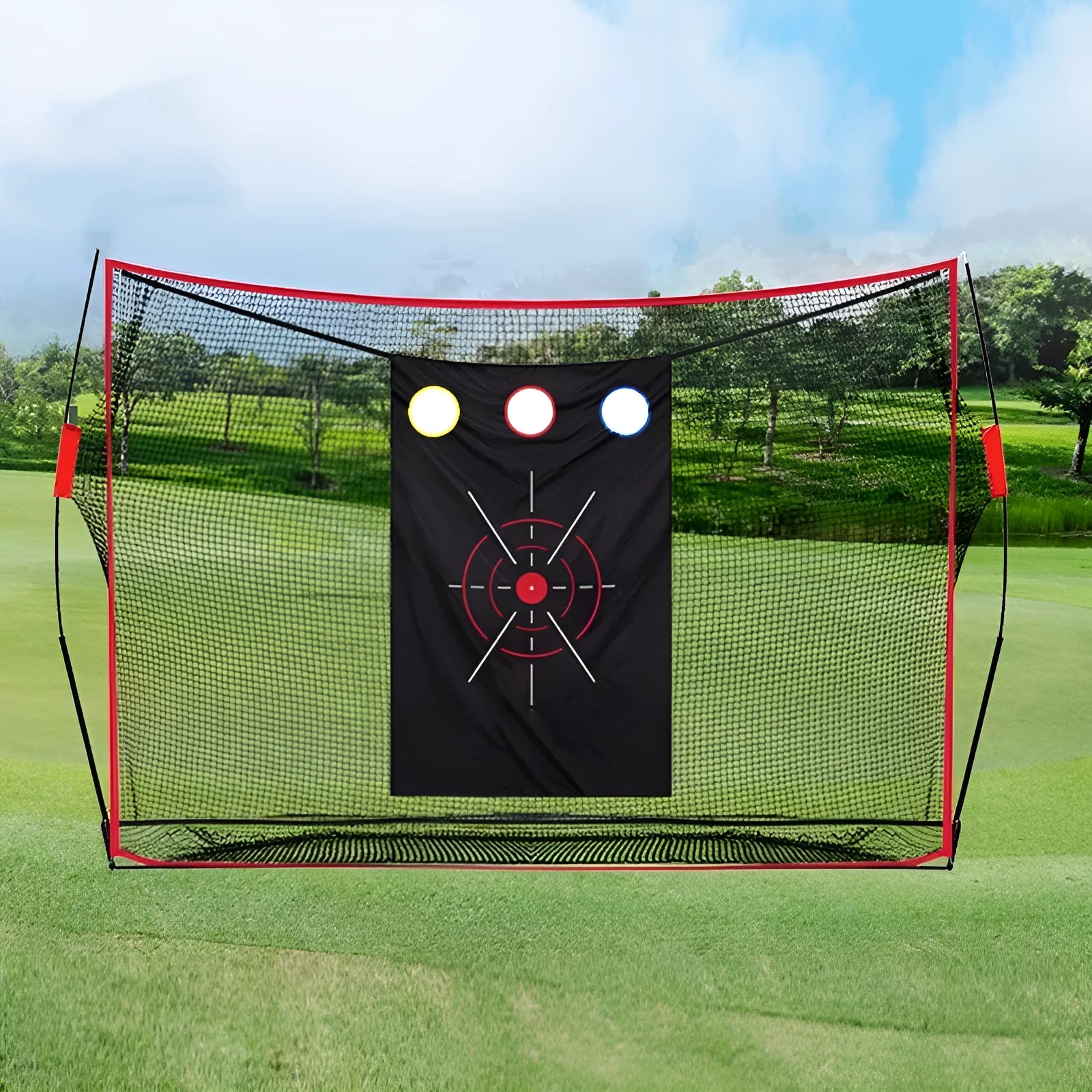 Golf wedge training net with three-hole target, foam practice mat, and red and white practice balls