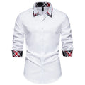 Men's plaid long sleeve shirt with a triangle collar in blue, showing contrast colour detail.