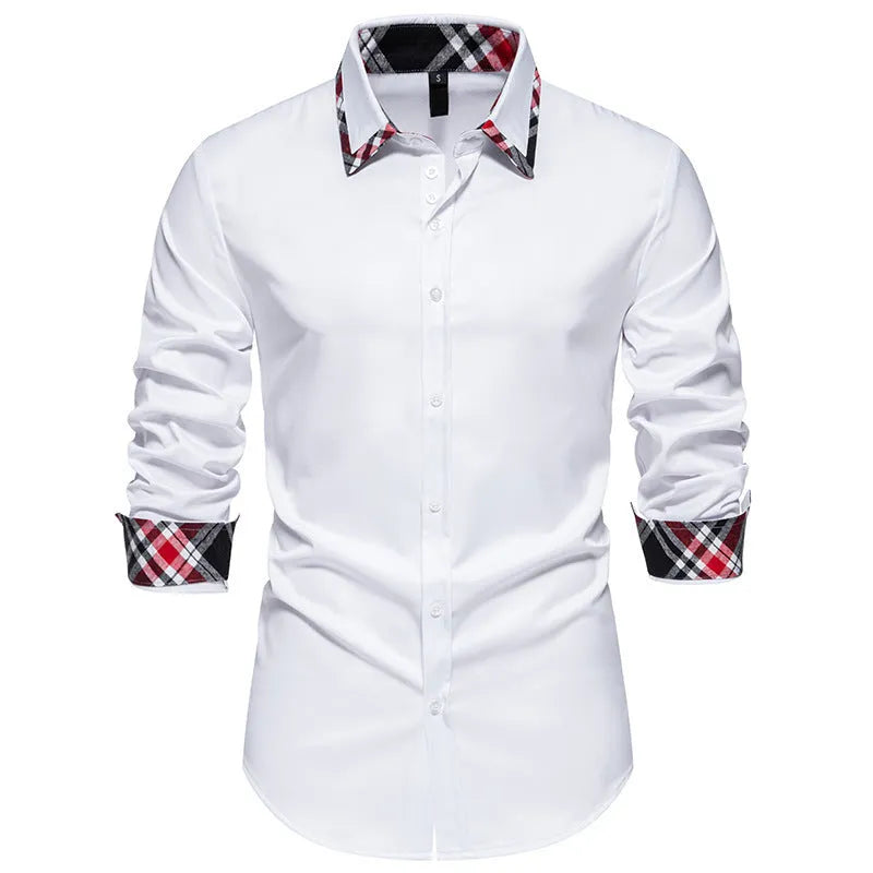 Men's plaid long sleeve shirt with a triangle collar in blue, showing contrast colour detail.