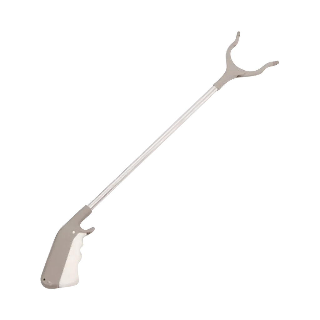 Stainless steel lengthened garbage plier with plastic hand grips and open jaws.