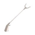 Stainless steel lengthened garbage plier with plastic hand grips and open jaws.