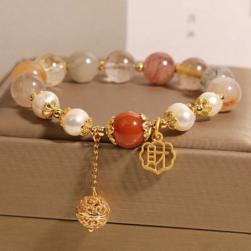 Natural colour hair crystal pearl bracelet for women with Chinese character Cai charm