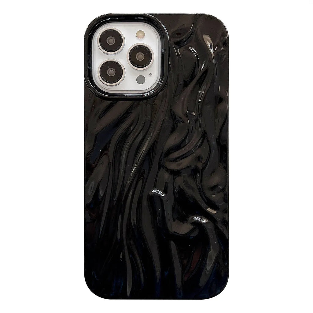 Solid colour water ripple texture silicone phone case for iPhone, shown in milky white, pink, and purple colour options.