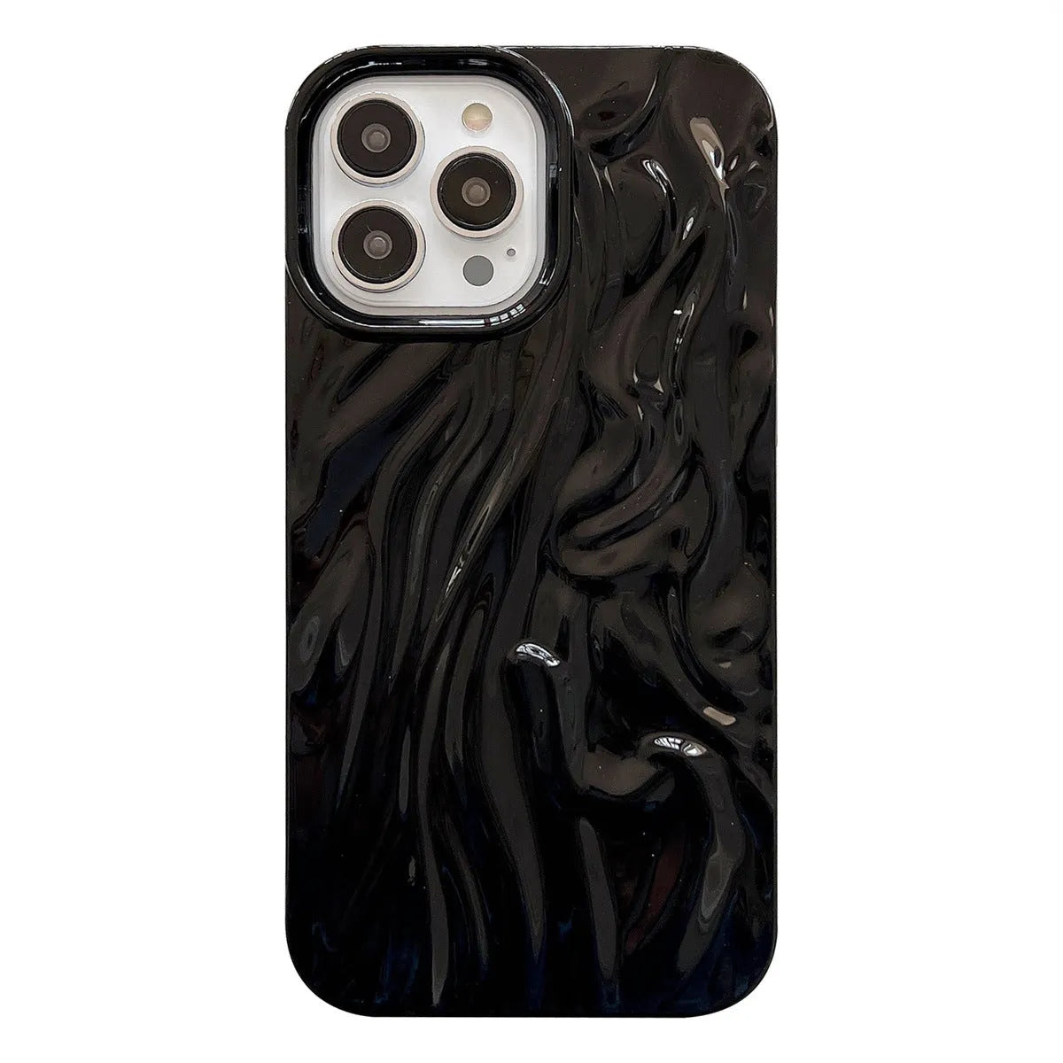 Solid colour water ripple texture silicone phone case for iPhone, shown in milky white, pink, and purple colour options.