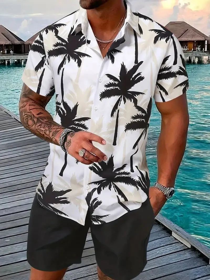 Men's Hawaiian 3D printed short sleeve shirt and matching shorts leisure set in a floral print.