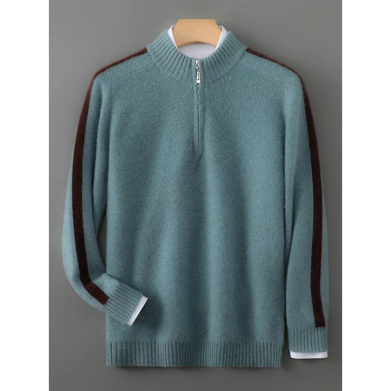 Slim-fit half-zip sheep wool sweater in grey, shown on a hanger.