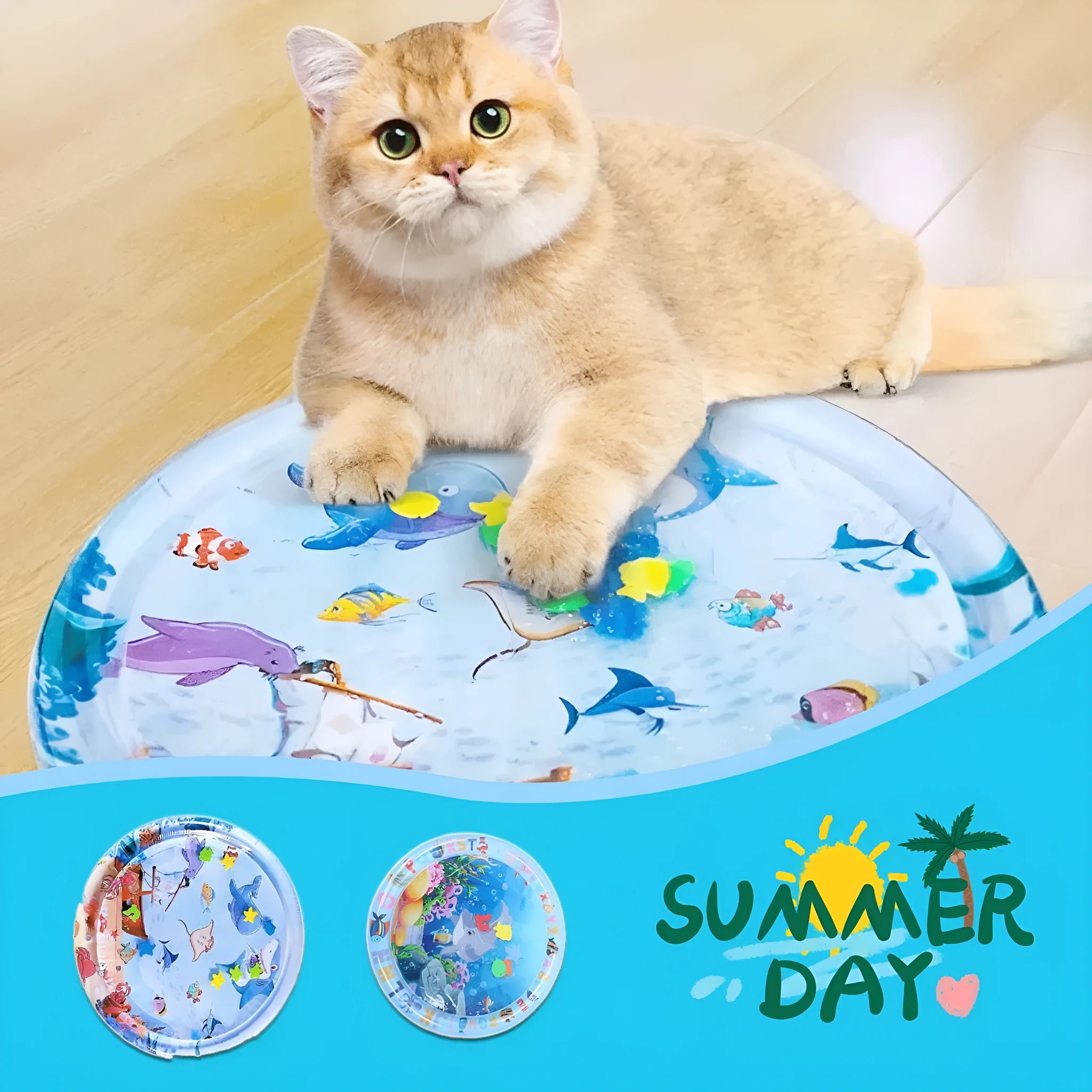 Summer cooling pet water bed cushion PVC inflatable ice pad with fish design for dogs and cats 65cm size