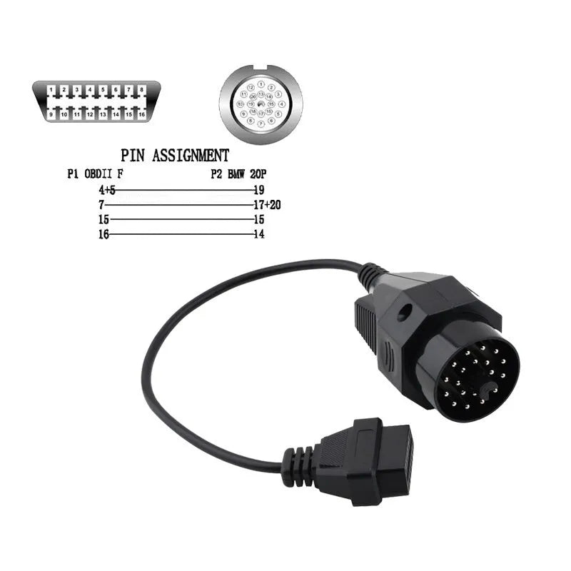 OBD2 adapter cable with BMW 20-pin round plug and standard 16-pin socket for car diagnostics