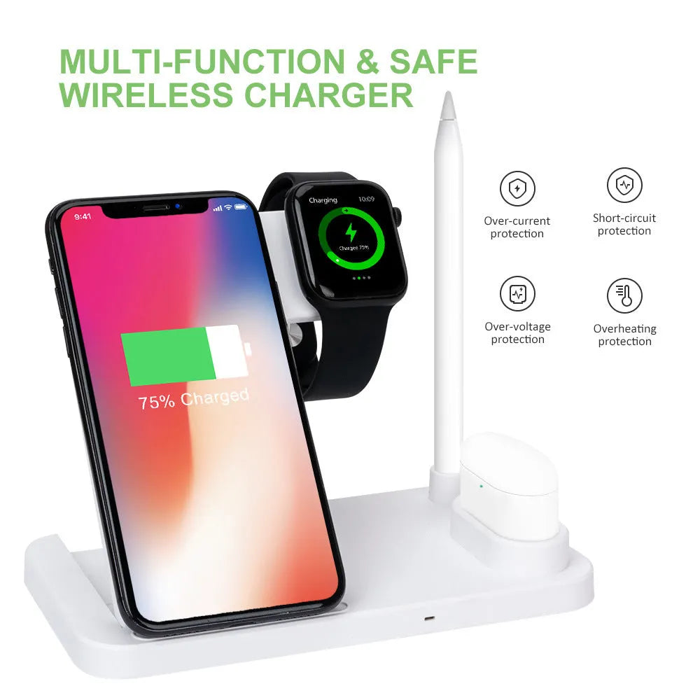 Folding 4-in-1 wireless charger in space grey, charging an iPhone, Apple Watch, and Apple Pencil.