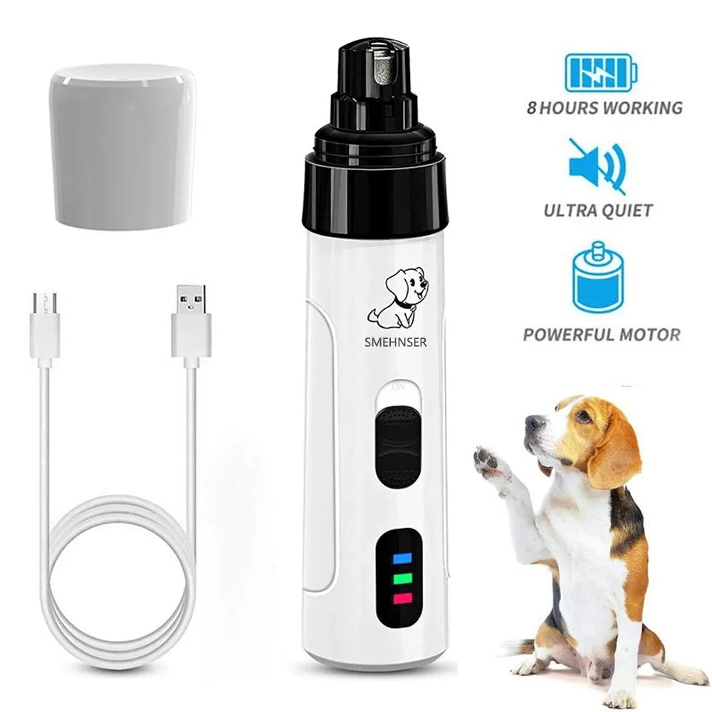 Electric dog nail trimmer with LCD screen, showing 3-speed settings and dust collection compartment.