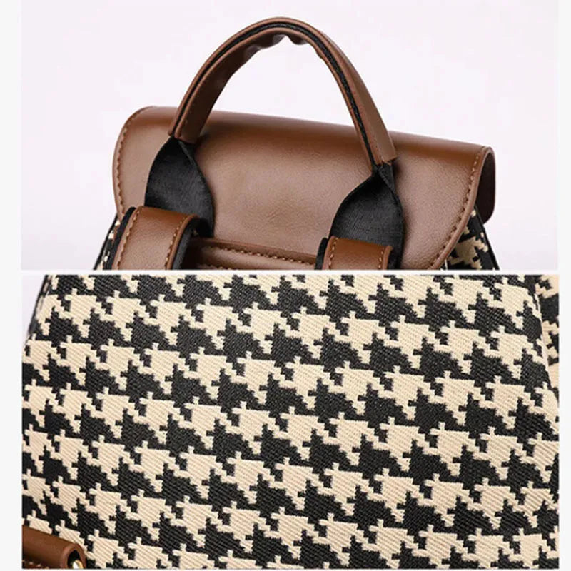 Houndstooth women's medium backpack Ostrich with Khaki contrast colour PU cover opening with car stitching