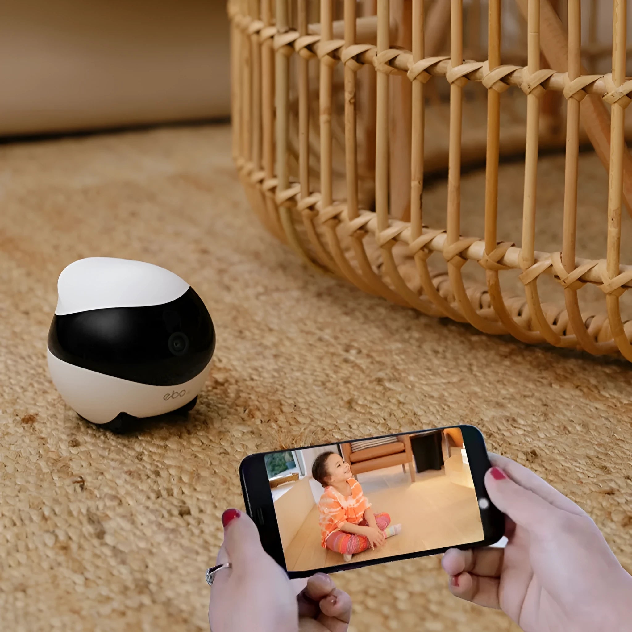 White smart home mobile robot camera with a lens and sensors on a charging dock.