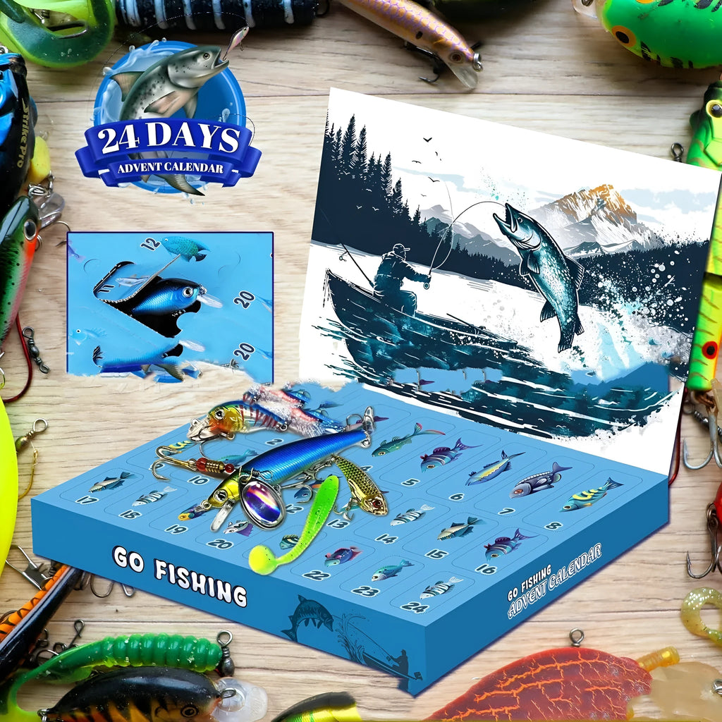 Christmas fishing advent calendar with 24 pockets and pre-filled fish gear set