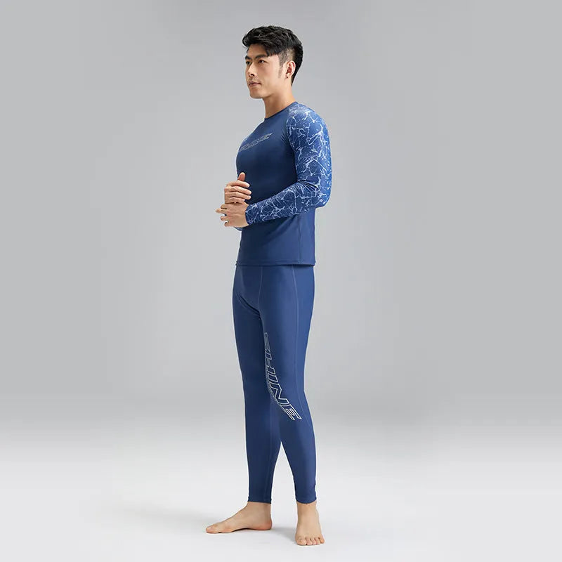 Men's two-piece swimwear set dark blue pattern nylon fabric extended sizes