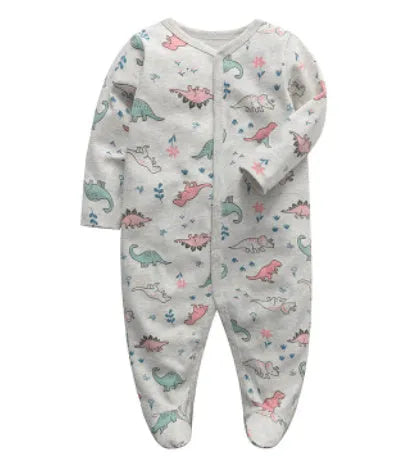 A soft cotton baby one-piece garment featuring a dinosaur print, shown on a hanger.