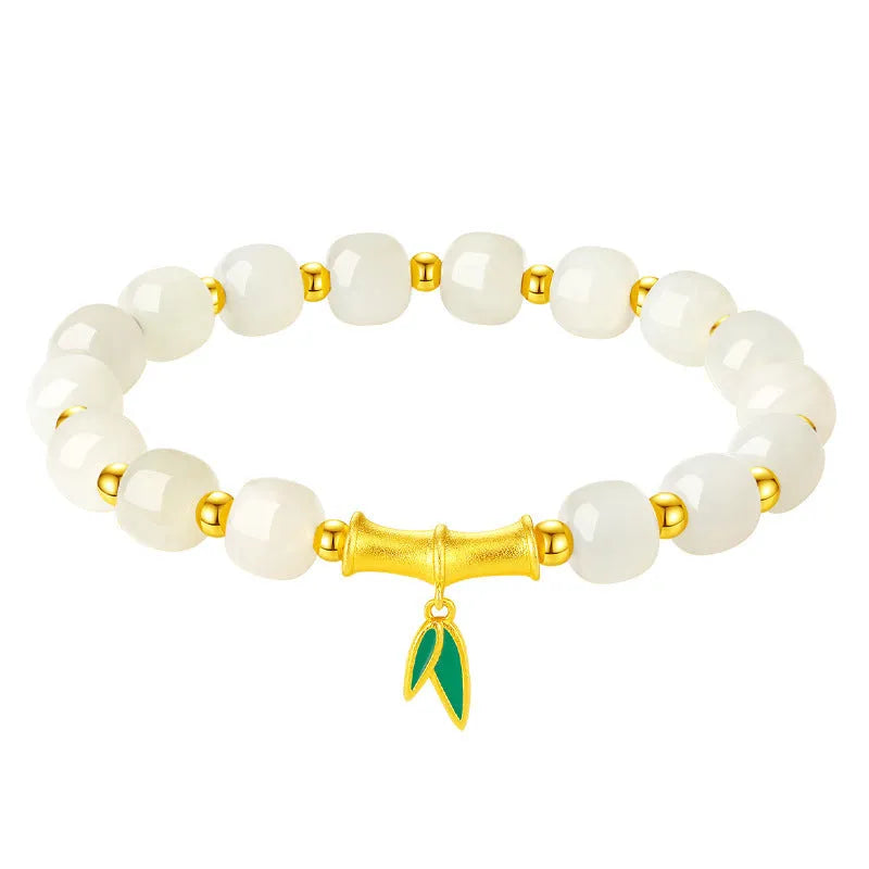 S925 sterling silver bracelet with 6mm natural Hetian jade beads and bamboo leaf design elements